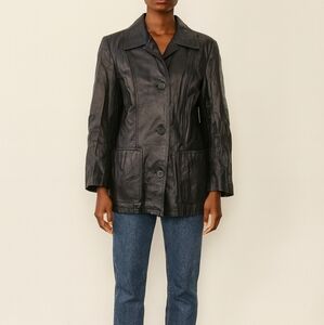 Vintage Dark Blue Leather Jacket Blazer Style, Classic 90s Minimalist Outerwear